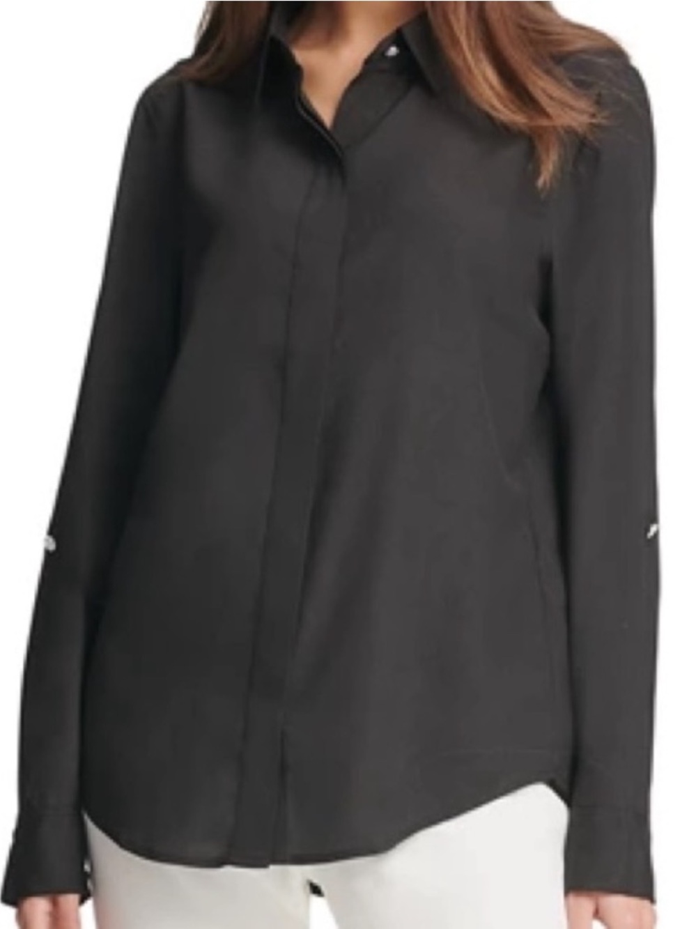 New! DKNY Foundation Roll Tab Button Through Shirt with Hidden Placket Top Small